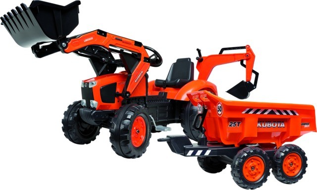 Tractor a pedais Kubota com reboque, carregador frontal e retro